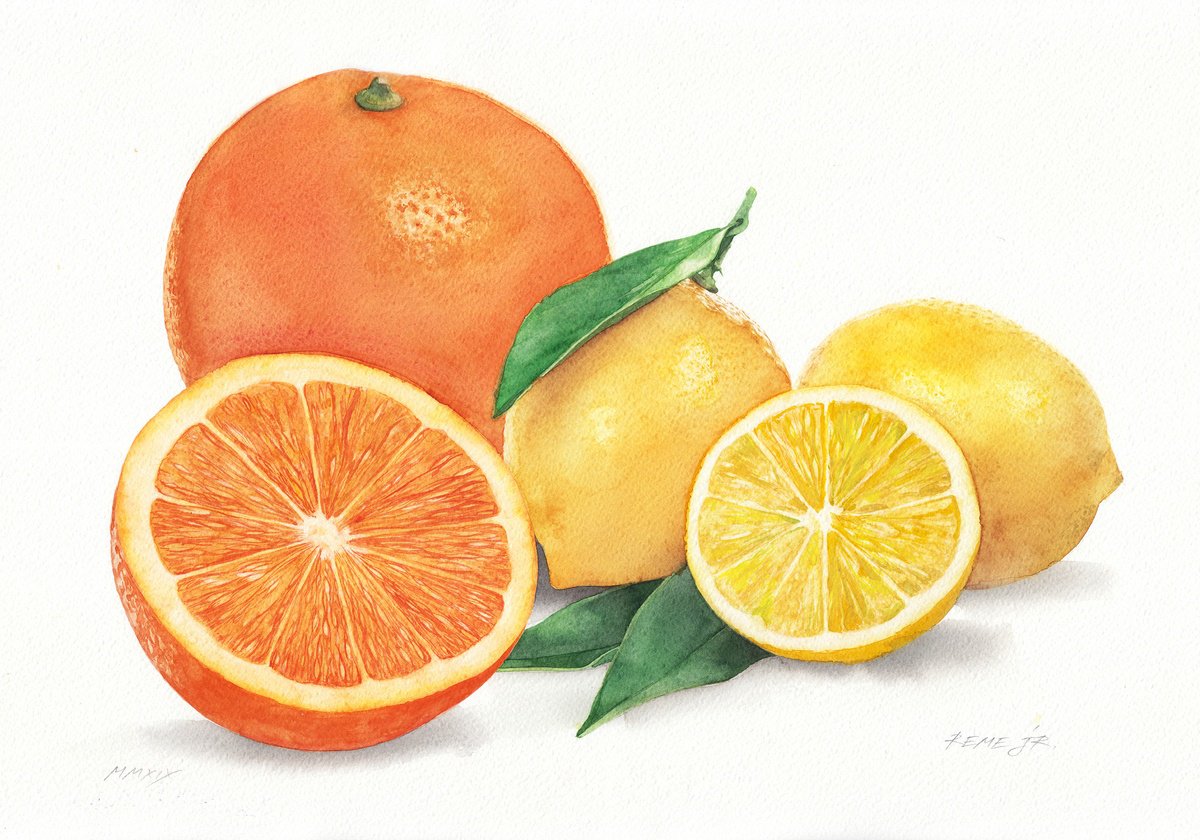 Photorealistic Still Life Watercolour By Reme Jr., 20 X 14", Oranges And Lemons, Original Artwork