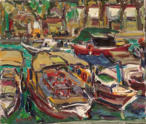 TURKEY. MARMARIS BOATS - Marina landscape, original oil painting for sale,  boat, beach, vacations, seashore, water, sea, yachting