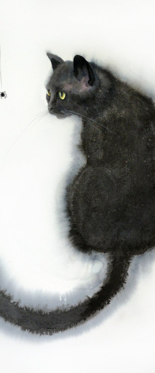 Black Cat and Spider by Olga Beliaeva Watercolour