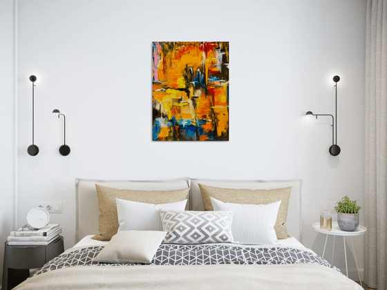 Modern Abstract City, orange sunset, palette knife original oil painting.