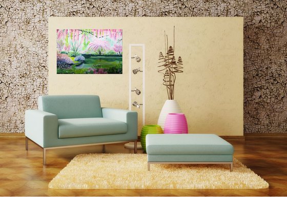 Spring garden, lake, trees, original oil painting