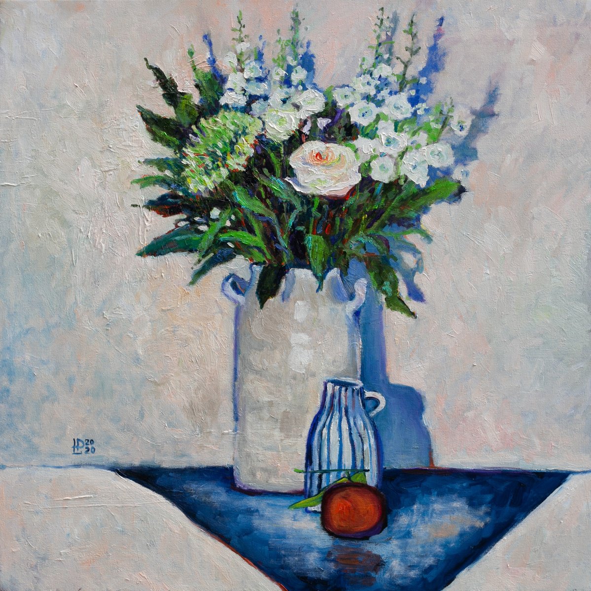 Impressionistic Botanical Oil Painting By Liudmila Pisliakova, 20 X 20", Milky Blue Still Life, Original Artwork