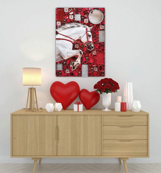 Decisive leap. A white racehorse