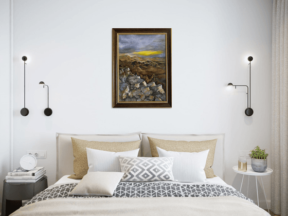 Breathtaking  Original Rocky Mountain Sunset Landscape in oils gold and brown frame