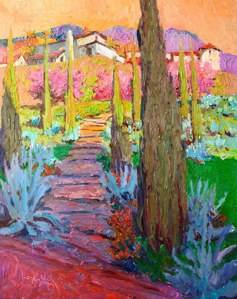 Cypress Trees And Blue Agaves By Suren Nersisyan, 24 X 30, Artwork For Sale On Artfinder