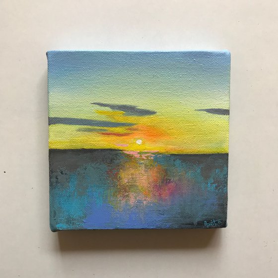 Sunset painting! Miniature Art ! Semi Abstract art ! Ready to hang!