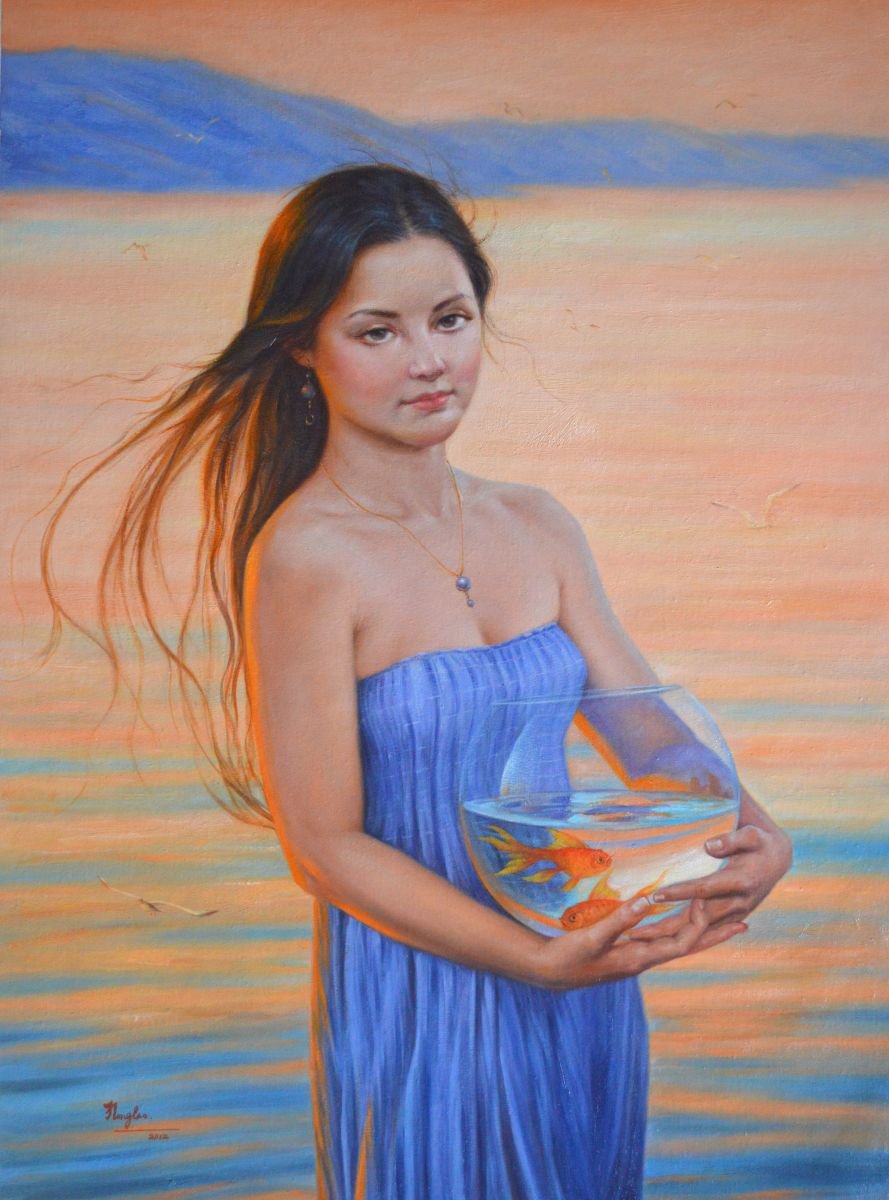 OIL PAINTING ART PORTRAIT OF GIRL IN SEASIDE RED FISH#11-12-03 by Hongtao Huang