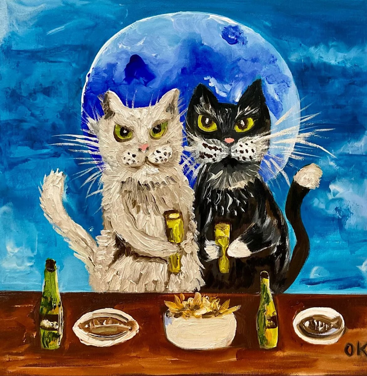 Impressionistic Animal Oil Painting By Olga Koval, 14 X 14", Pint Of Beer, Fish And Chips., Original Artwork