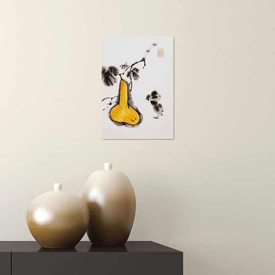 Calabash bottle gourd and chickens - Pumpkin series No. 06 - Oriental Chinese Ink Painting