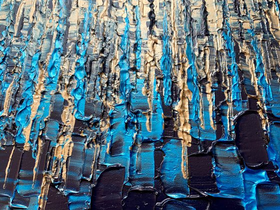 Blue & Gold Cascade - LARGE,  TEXTURED, PALETTE KNIFE ABSTRACT ART – EXPRESSIONS OF ENERGY AND LIGHT. READY TO HANG!