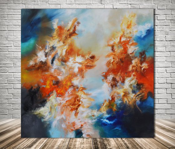 Large abstract painting with blue and red - Colliding Worlds - 60"x60" square original art