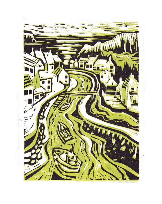 Staithes - two colour print (lime and black)