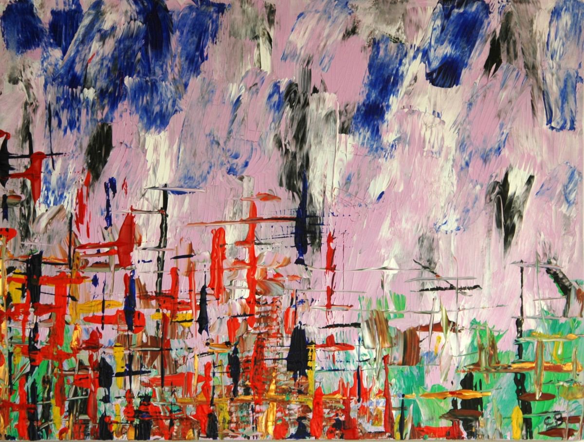 Abstract Landscape Acrylic Painting By Cb., 24 X 18, A Lady Above Manhattan, Original Artwork