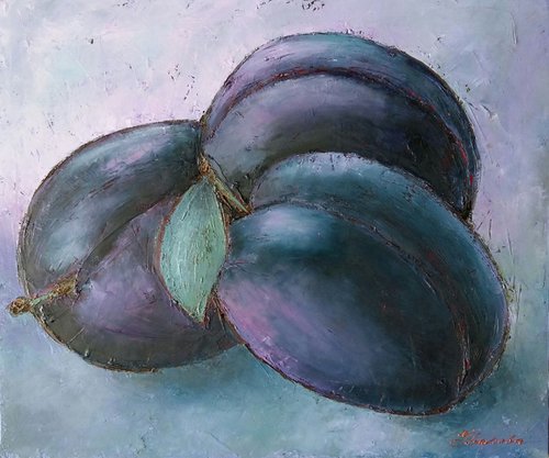Lilac still life with plums, 60x50 cm, original oil painting FREE SHIPPING by Larissa Uvarova