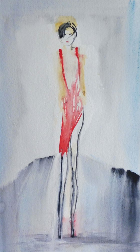 GIRL no. 2 RED DRESS FASHION MODEL. Original Female Figurative Impressionistic Watercolour Painting.