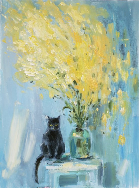 Oil painting Black cat Yellow bouquet of flowers Mimosa