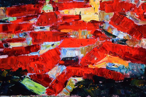 Prague Original Palette Knife Oil Painting, Large Artwork, Red Roofs Art, Europe Wall Art