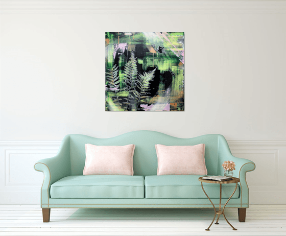 Abstract with Fern in Green and Pink