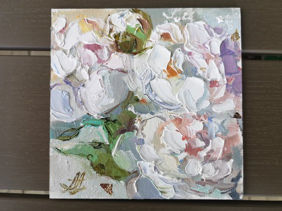 Miniature flowers painting, Textural white floral painting
