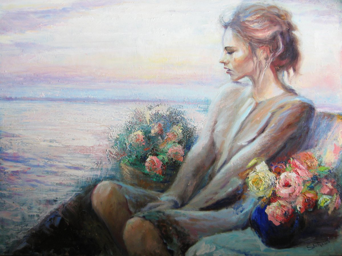 Evening near the sea. Original oil painting by Helen Shukina