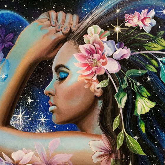 "The Universe inside us", woman flowers art, space painting