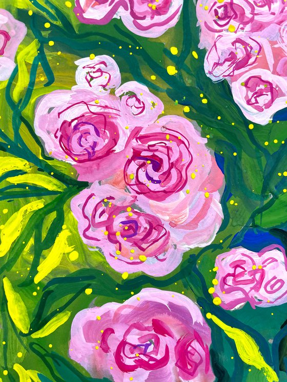 Roses Original Gouache Painting, Pink Flower Wall Art, Cottagecore Home Decor