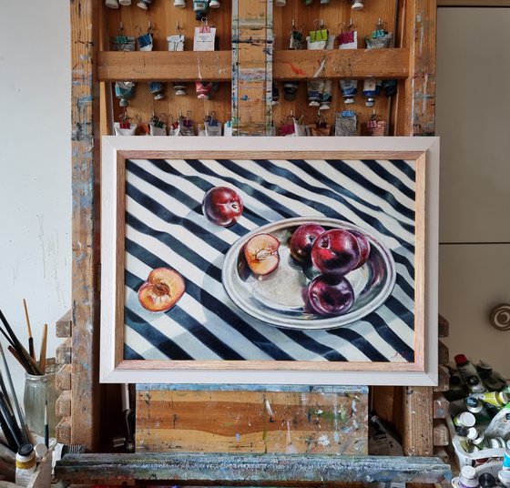 "Plums dream of the sea. "  still life liGHt original painting PALETTE KNIFE  GIFT (2021)