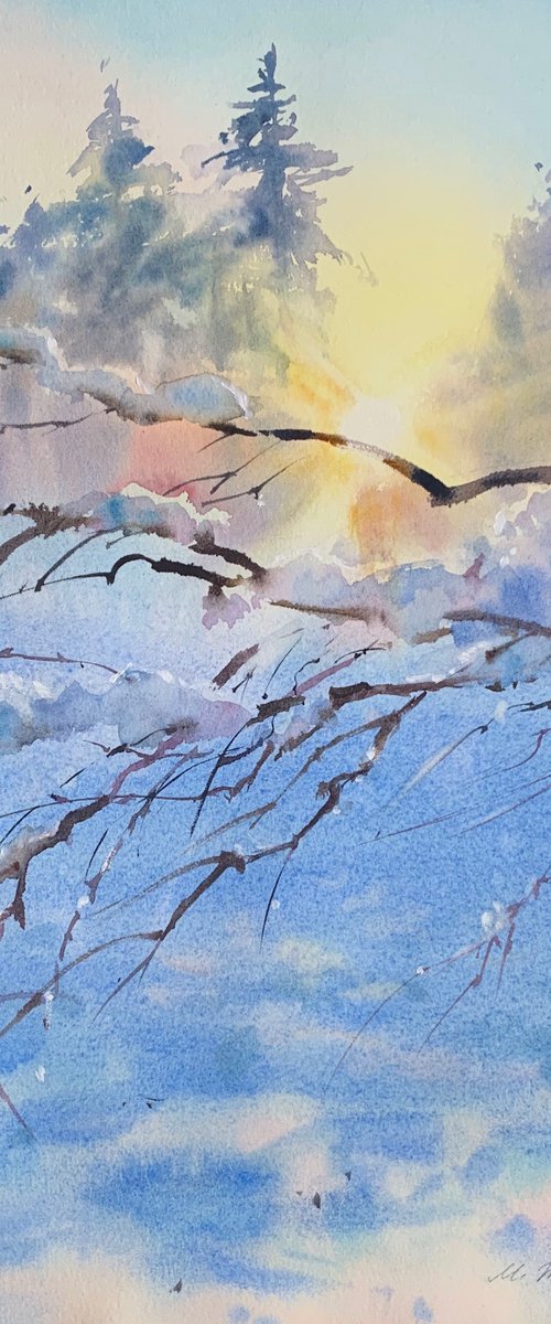 Winterscape with a branch at sunset. Watercolour landscape by Marina Trushnikova. A3 watercolor, winter sunny day. by Marina Trushnikova