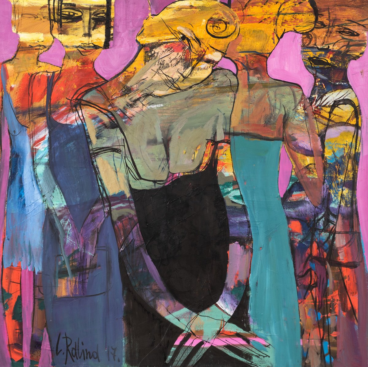 Abstract Portrait Oil Painting By Yelena Ralina, 39 X 39", Ceremony, Memory Foto, Original Artwork