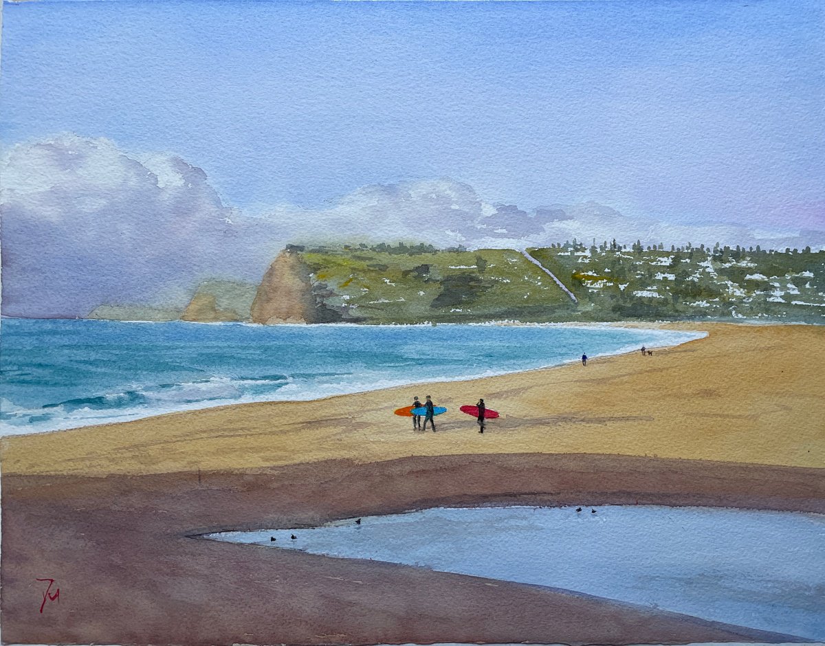 Impressionistic Landscape Watercolour By Shelly Du, 16 X 12", Surfers At Gerringong Beach, Original Artwork