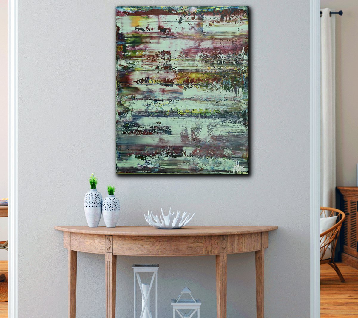 Abstract Acrylic Painting By Nestor Toro, 16 X 20", Isolated Garden (Mint Trails), Original Artwork