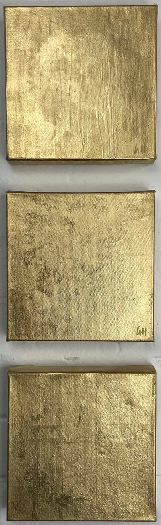 Wisdom diptych- 20cm squ (x3) - metallic gold paint on canvas