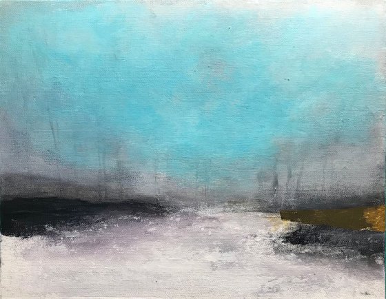 Abstract landscape misty winter forest atmospheric with gold leaf turquoise blue and gold "Another dream"