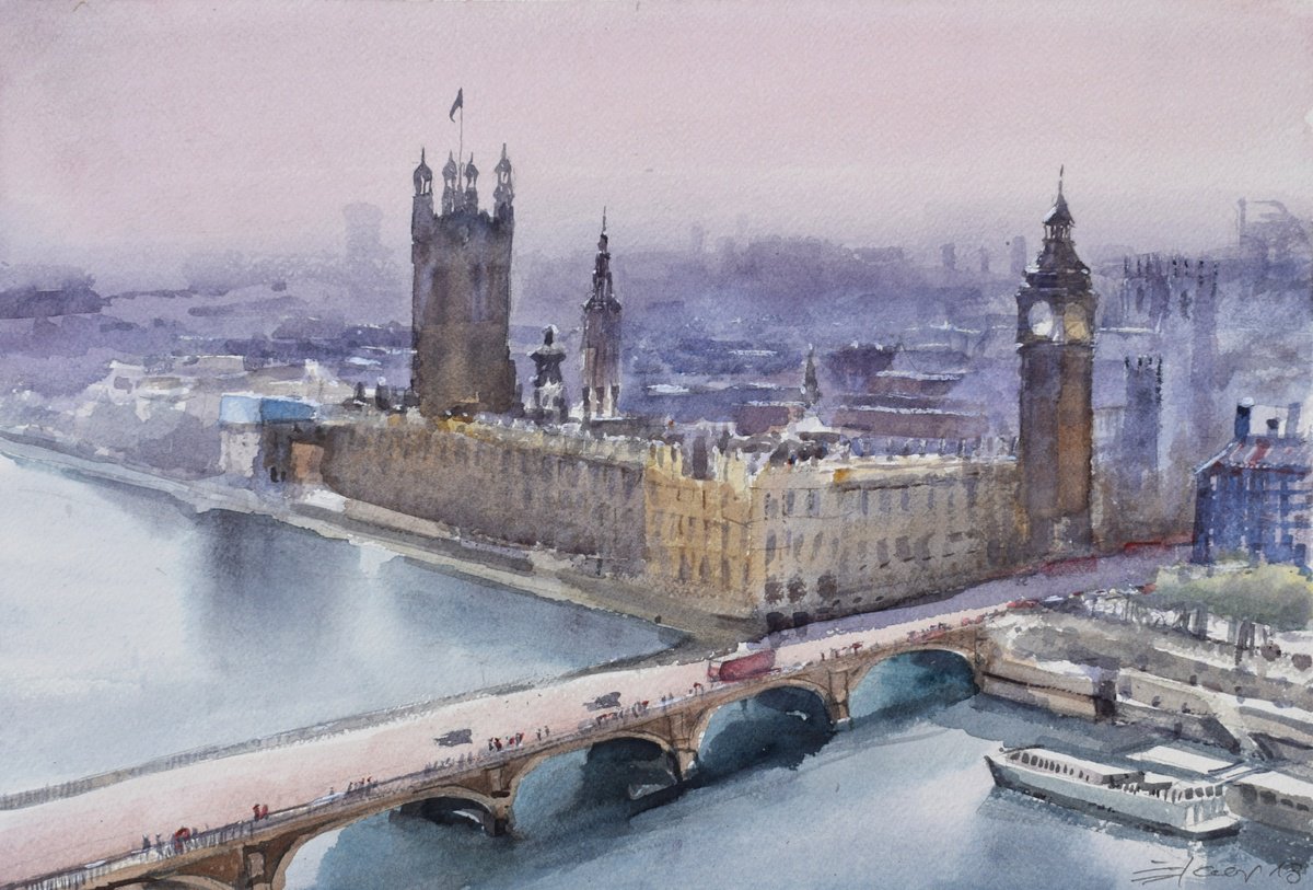 Cityscapes Watercolour By Goran Zigolic Watercolors, 22 X 15, Westminster Palace, Original Artwork