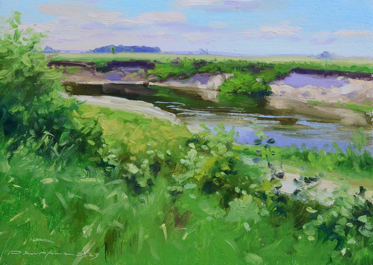 Impressionistic Landscape Oil Painting By Ruslan Kiprych, 10 X 7", Sand Bend. Etude, Original Artwork