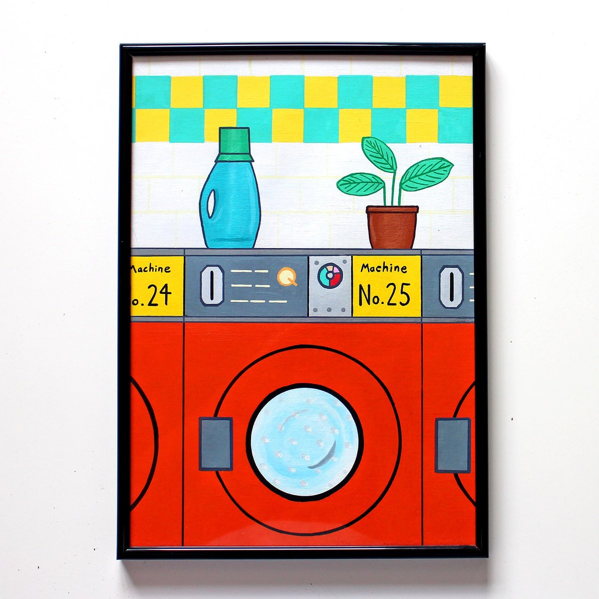 Retro Orange Launderette Interior Pop Art Painting on A4 Paper by Ian Viggars