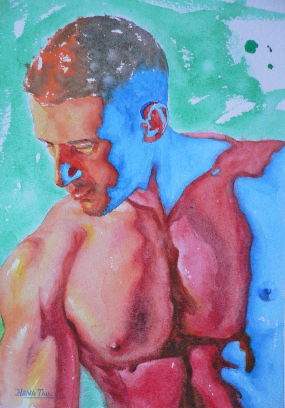 watercolor painting  Abstract male nude  on paper #17-1-121