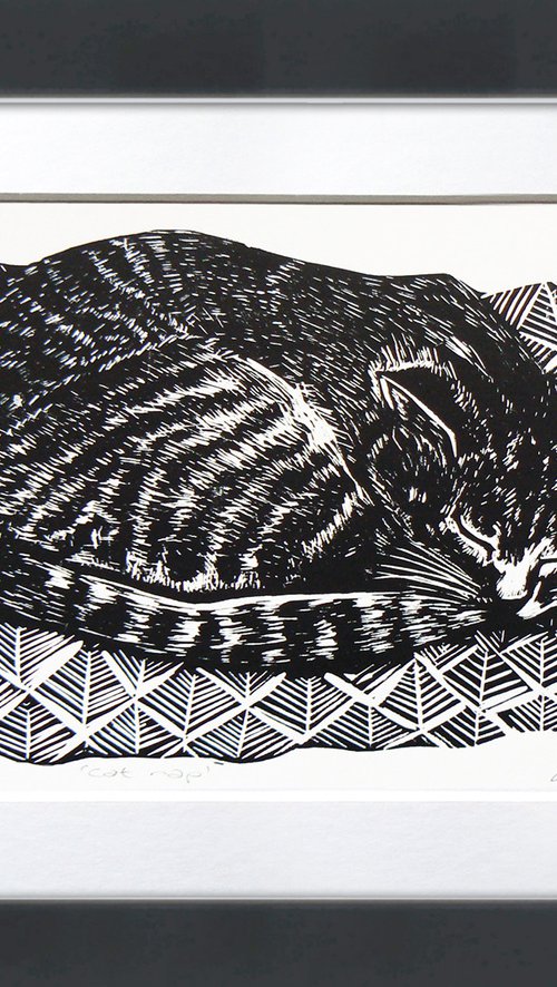Cat nap linoprint by Carolynne Coulson