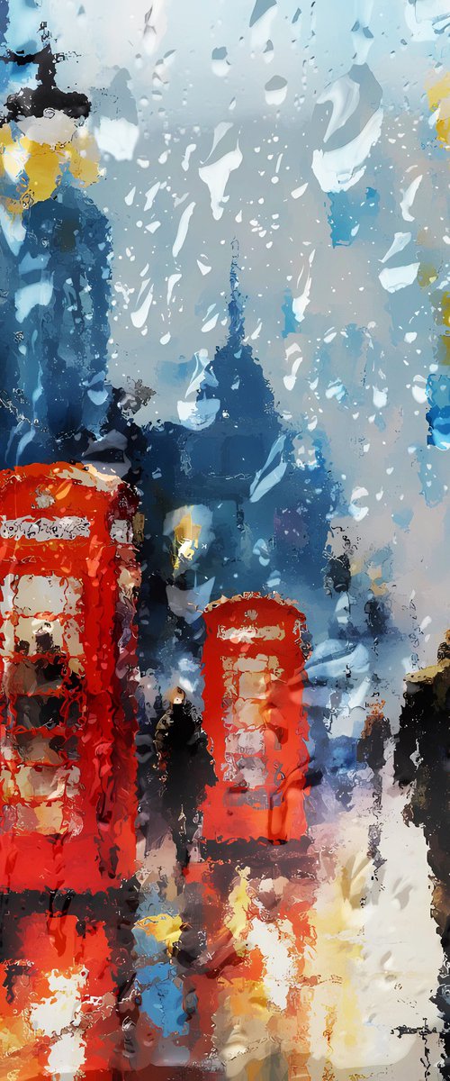 Rainy evening in London. Urban cityscene impressionistic landscape art. Large wall home decor. Art Gift by BAST