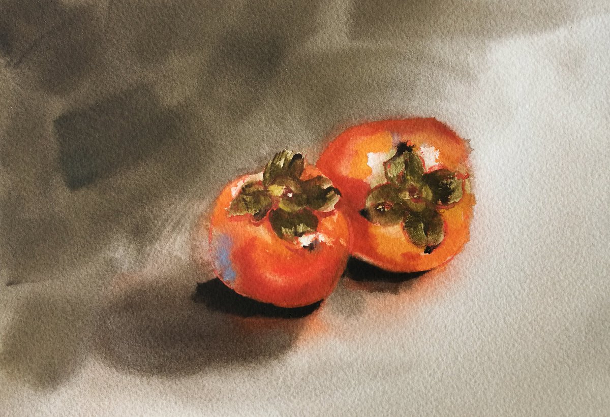 Impressionistic Still Life Watercolour By Tatiana Paravisini, 12 X 8", Persimmon, Original Artwork