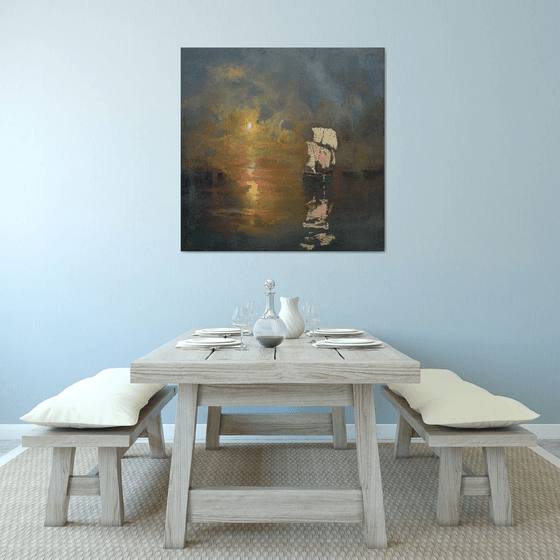 " Harbor of destroyed dreams - Emerald Night " W 110 x H 110 cm