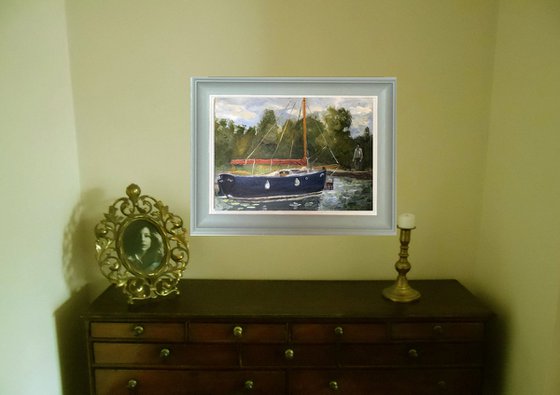 Blue boat on the Broads, an original oil painting