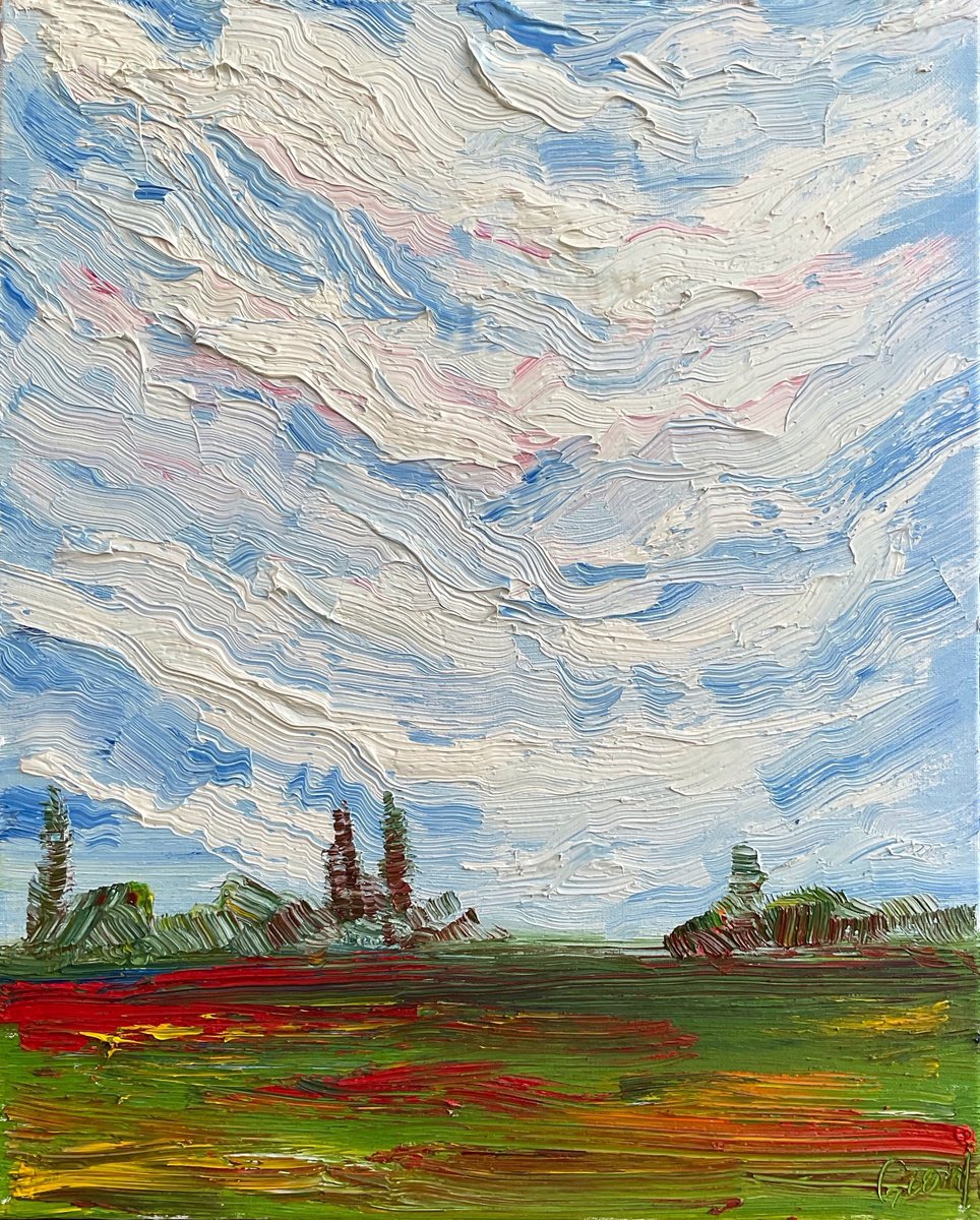 Impressionistic Botanical Oil Painting By Oksana Fedorova, 16 X 20", Clouds And Field, Original Artwork