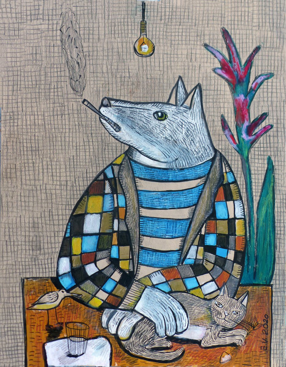 Naive Animal Painting By Elizabeth Vlasova, 11 X 14, Writer#2, Original Artwork