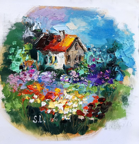 Blooming house village in switzerland miniature on canvas