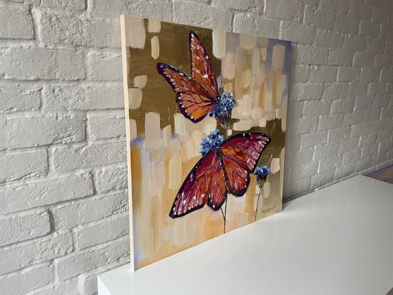 Couple of butterflies. Original oil painting. Flower