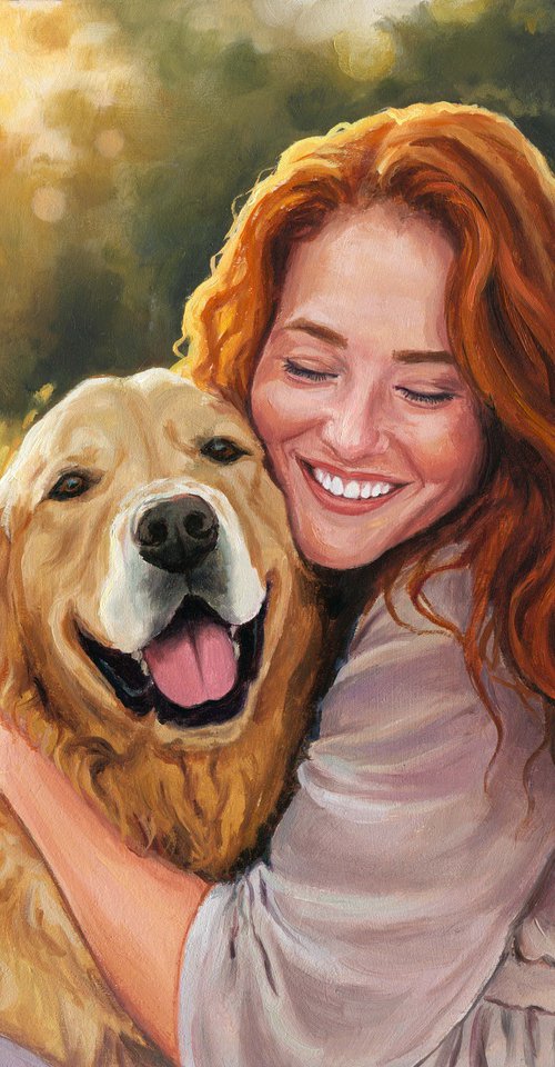 Smiling red-haired woman hugging a dog by Lucia Verdejo