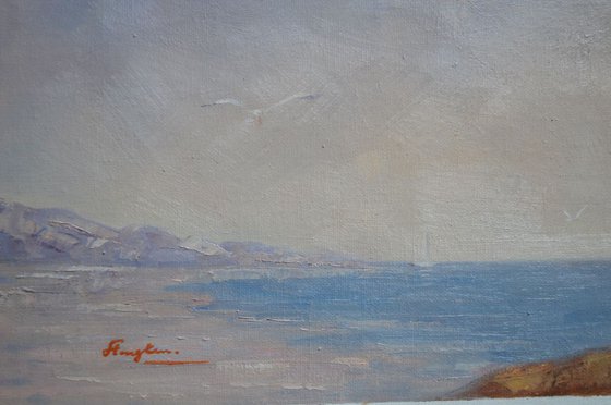 Original Oil painting art male nude boy in seaside  on linen  #16-4-5-01
