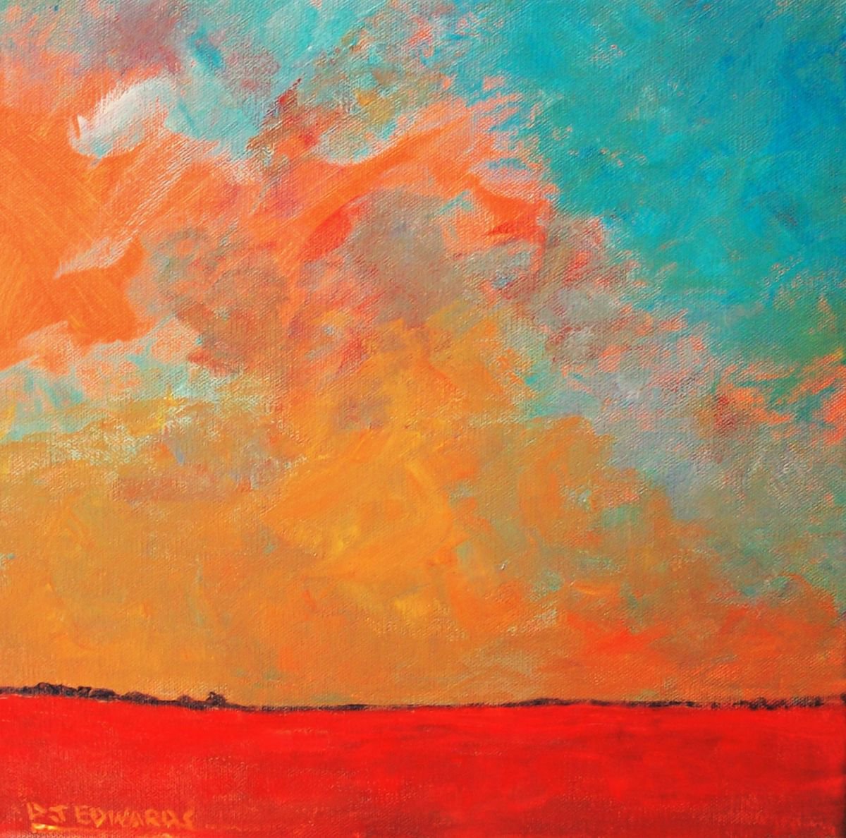 Impressionistic Landscape Acrylic Painting By David J Edwards, 12 X 12, Evening, Norfolk Poppy Fields,, Original Artwork