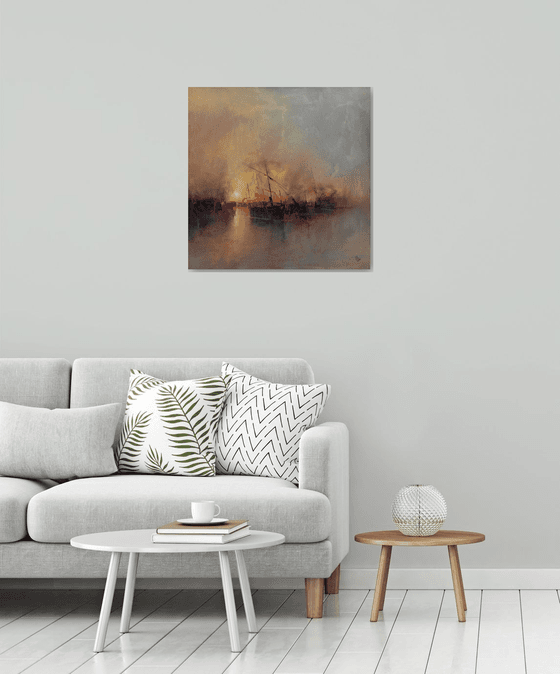 " Harbor of destroyed dreams - Hazy morning " W 70 x H 70 cm